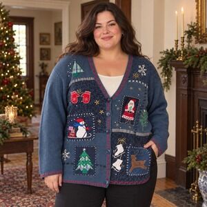 Vintage 90s Christmas Cardigan Sweater 3X Grandmacore Santa Snowman Applique